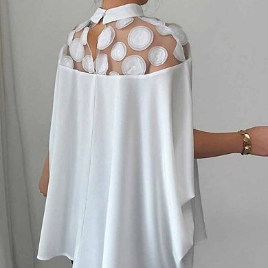 Women's Sheer Mesh Cape Blouse Mock Neck Shirt Loose-Fit Office Top