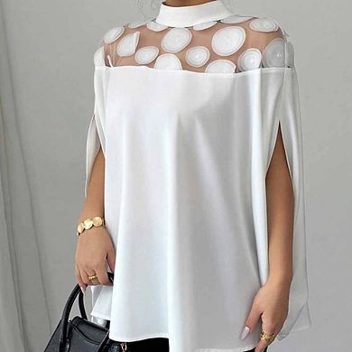 Women's Sheer Mesh Cape Blouse Mock Neck Shirt Loose-Fit Office Top