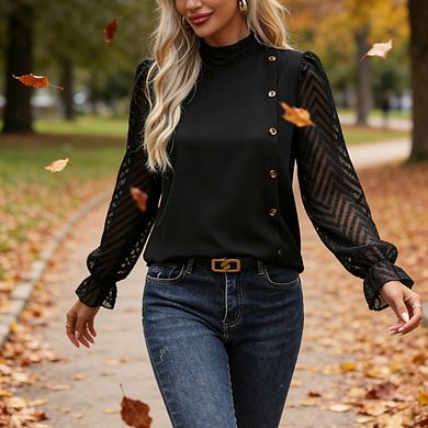 Women's Ruffled Mock Neck Blouse Button-Accent Sheer Long-Sleeve Shirt Elegant Workwear Top