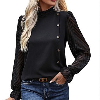 Women's Sheer Mesh Long-Sleeve Blouse Ruffled Mock Neck Top Casual Shirt