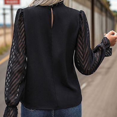 Women's Sheer Mesh Long-Sleeve Blouse Ruffled Mock Neck Top Casual Shirt