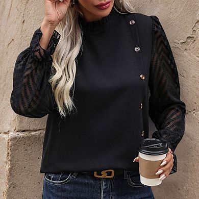 Women's Sheer Mesh Long-Sleeve Blouse Ruffled Mock Neck Top Casual Shirt