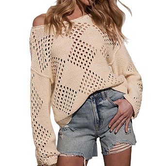 Women's Knit Pullover Sweater Oversized Long-Sleeve Blouse Casual Top for Transitional Seasons