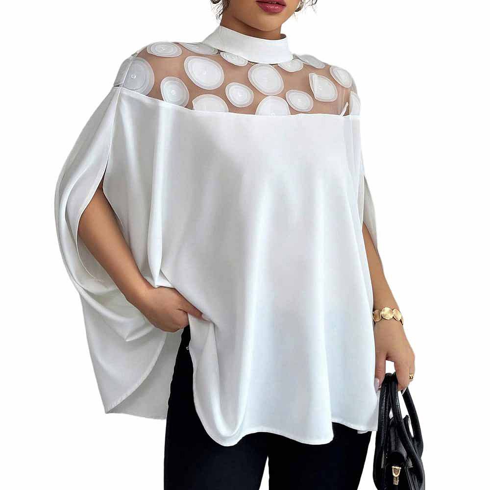 Women's Elegant Blouses Sheer Mesh Cape Shirt Mock Neck Loose-Fit Top