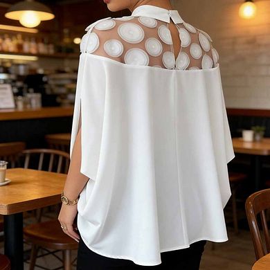 Women's Elegant Blouses Sheer Mesh Cape Shirt Mock Neck Loose-Fit Top