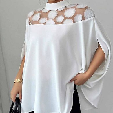 Women's Elegant Blouses Sheer Mesh Cape Shirt Mock Neck Loose-Fit Top