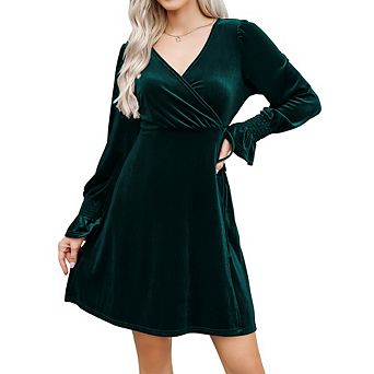 Womens Wrap V Neck Long Sleeve Velvet A Line Cocktail Party Swing Fit and Flare Mini Dress