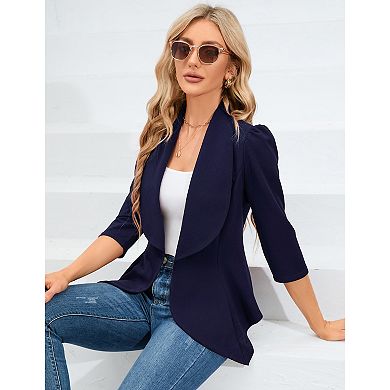 Womens Blazer Three Quarter Sleeve Peplum Hem Casual Open Front Cardigan Jacket