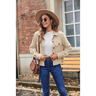 Womens Cropped Corduroy Shackets Button Down Jackets Tops Fall Trendy Lightweight Long Sleeve Shirts