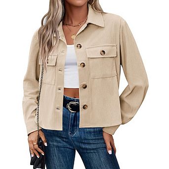 Womens Cropped Corduroy Shackets Button Down Jackets Tops Fall Trendy Lightweight Long Sleeve Shirts