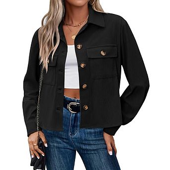 Womens Cropped Corduroy Shackets Button Down Jackets Tops Fall Trendy Lightweight Long Sleeve Shirts