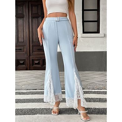 Women High Waisted Bootcut Pants Causal Lace Patchwork Flare Denin Jeans with Belt