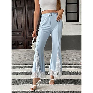 Women High Waisted Bootcut Pants Causal Lace Patchwork Flare Denin Jeans with Belt