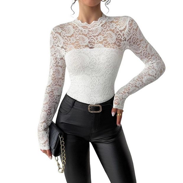 Women's Lace Mock Neck Long Sleeve T Shirt Sheer Slim Fitted Tee