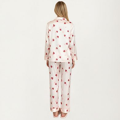Women's 2-Piece Set Satin Heart Print Pajama Top with Contrast Piping Matched with Relaxed Pants