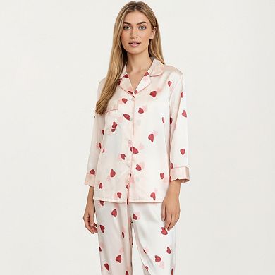 Women's 2-Piece Set Satin Heart Print Pajama Top with Contrast Piping Matched with Relaxed Pants