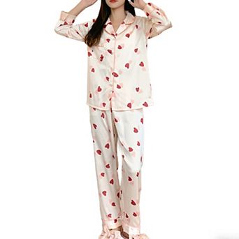 Women's 2 pc Set Satin Heart Print Pajama Top with Contrast Piping Matched with Relaxed Pants