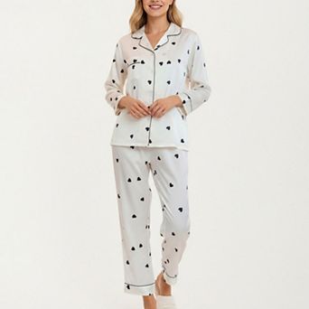 Women's 2 pc Set Satin Heart Print Pajama Top with Contrast Piping Matched with Relaxed Pants