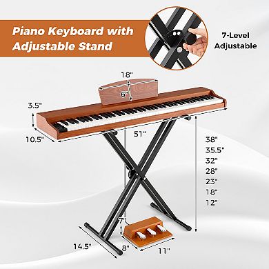 88 Key Digital Piano Keyboard With Semi Weighted Keys Adjustable Stand And Triple Pedals