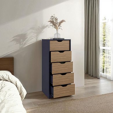 Basilea 5 Drawers Tall Dresser, Pull Out System, Blue Natural Oak