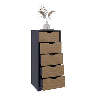 Basilea 5 Drawers Tall Dresser, Pull Out System, Blue Natural Oak