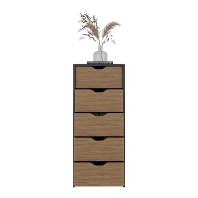 Basilea 5 Drawers Tall Dresser, Pull Out System, Blue Natural Oak