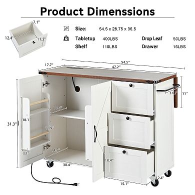 Farmhouse Kitchen Island with Power Outlet, Drop Leaf, Spice Rack and Storage Rack