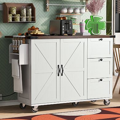 Farmhouse Kitchen Island with Power Outlet, Drop Leaf, Spice Rack and Storage Rack