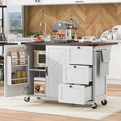 Farmhouse Kitchen Island with Power Outlet, Drop Leaf, Spice Rack and Storage Rack