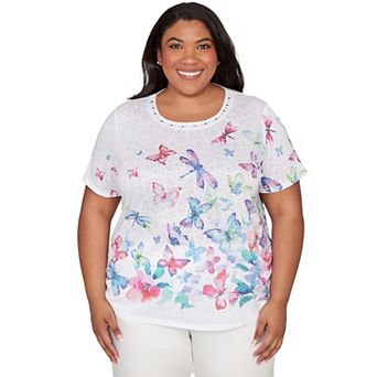 Plus Size Alfred Dunner Butterfly Beaded Side Tie Ruched T-Shirt