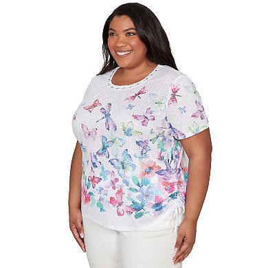 Plus Size Alfred Dunner Butterfly Beaded Side Tie Ruched T-Shirt