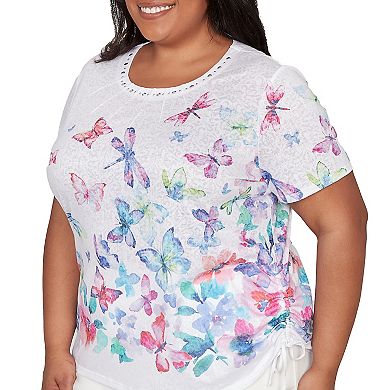 Plus Size Alfred Dunner Butterfly Beaded Side Tie Ruched T-Shirt
