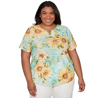 Plus Size Alfred Dunner Sunflower Split Neck Side Ruched T-Shirt