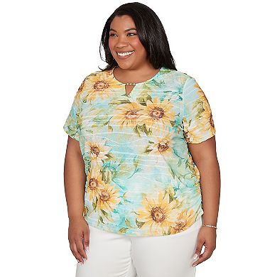 Plus Size Alfred Dunner Sunflower Split Neck Side Ruched T-Shirt