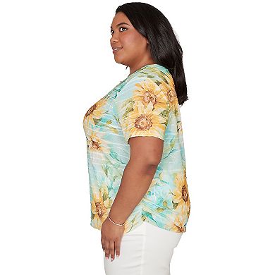 Plus Size Alfred Dunner Sunflower Split Neck Side Ruched T-Shirt