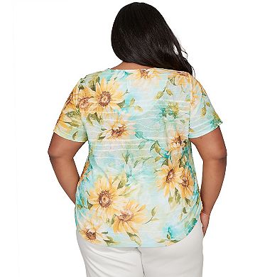 Plus Size Alfred Dunner Sunflower Split Neck Side Ruched T-Shirt