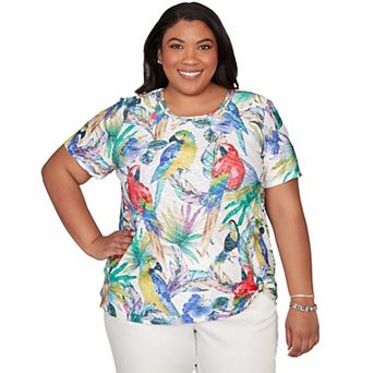 Plus Size Alfred Dunner Parrot Tropical Beaded Neck Graphic Tee