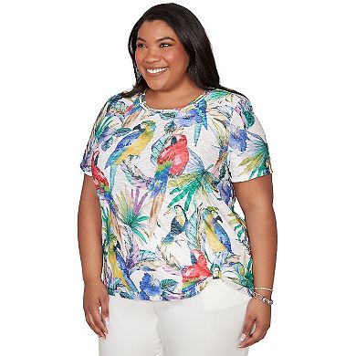Plus Size Alfred Dunner Parrot Tropical Beaded Neck Graphic Tee
