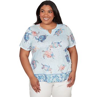Plus Size Alfred Dunner Sea Turtle Border Split Neck T-Shirt