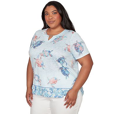 Plus Size Alfred Dunner Sea Turtle Border Split Neck T-Shirt
