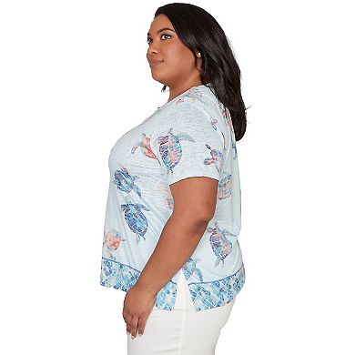 Plus Size Alfred Dunner Sea Turtle Border Split Neck T-Shirt