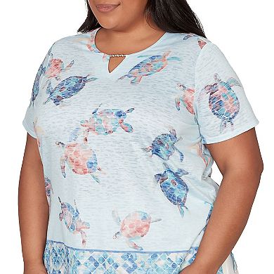 Plus Size Alfred Dunner Sea Turtle Border Split Neck T-Shirt