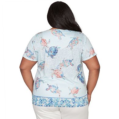 Plus Size Alfred Dunner Sea Turtle Border Split Neck T-Shirt