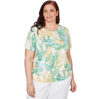 Plus Size Alfred Dunner Tropical Leaf Beaded Neck Ruched T-Shirt