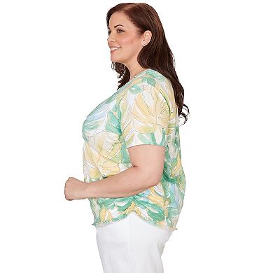 Plus Size Alfred Dunner Tropical Leaf Beaded Neck Ruched T-Shirt