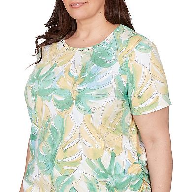 Plus Size Alfred Dunner Tropical Leaf Beaded Neck Ruched T-Shirt