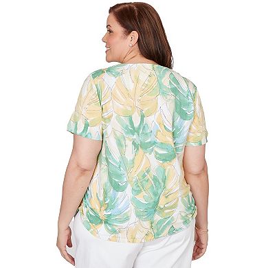 Plus Size Alfred Dunner Tropical Leaf Beaded Neck Ruched T-Shirt