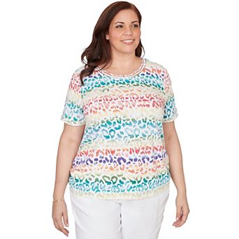 Plus Size Alfred Dunner Beaded Neck Rainbow Animal Print Ruched T-Shirt