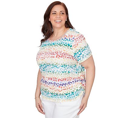 Plus Size Alfred Dunner Beaded Neck Rainbow Animal Print Ruched T-Shirt