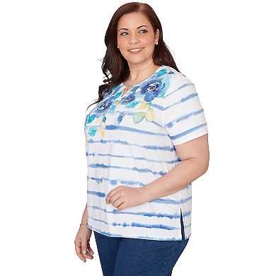 Plus Size Alfred Dunner Striped Floral Split Neck T-Shirt